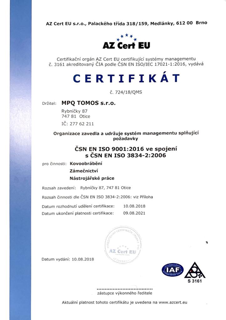 Certifikát ČSN EN ISO 9001:2016