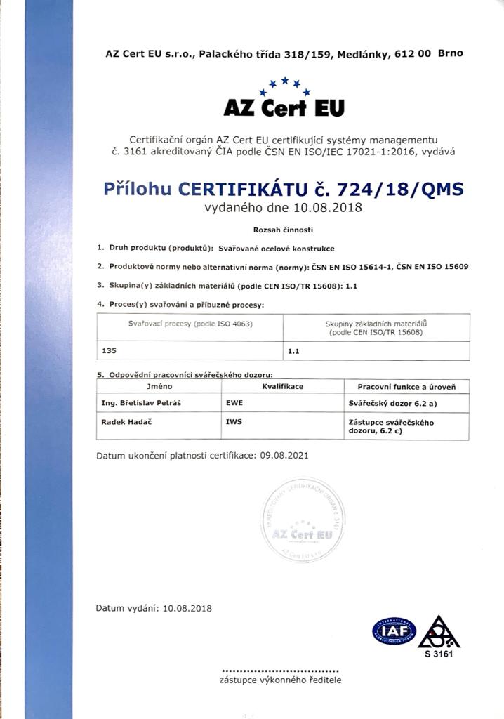 Certifikát ČSN EN ISO 3834-2:2006